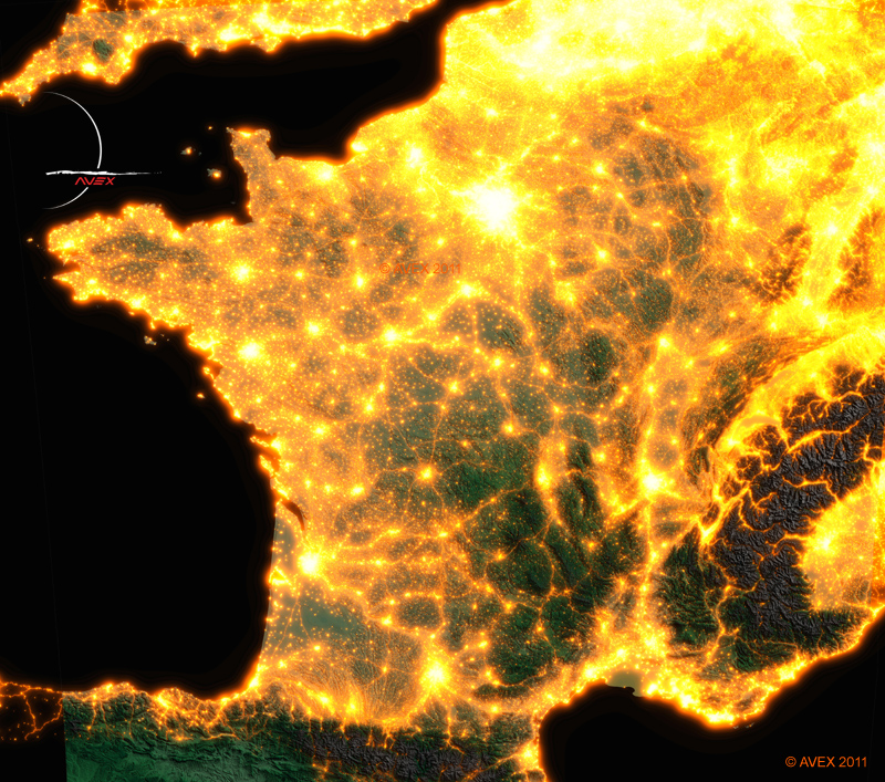 carte de pollution lumineuse de France version Sodium, carte satellite de France, France vue de l'espace