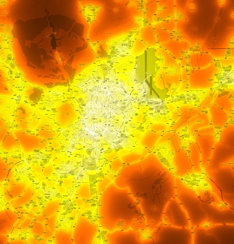 Carte de la pollution lumineuse de Madrid version Sodium (simule des “couleurs naturelles”) avec toponymie