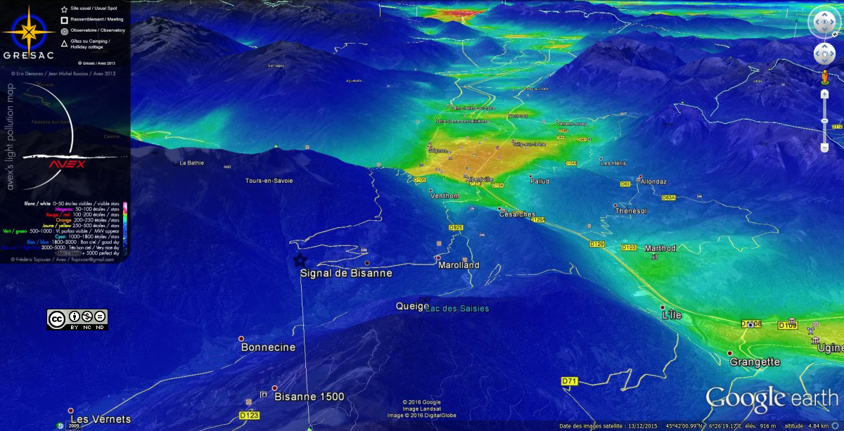 cliquez pour télécharger le fichier des cartes de pollution lumineuse google earth